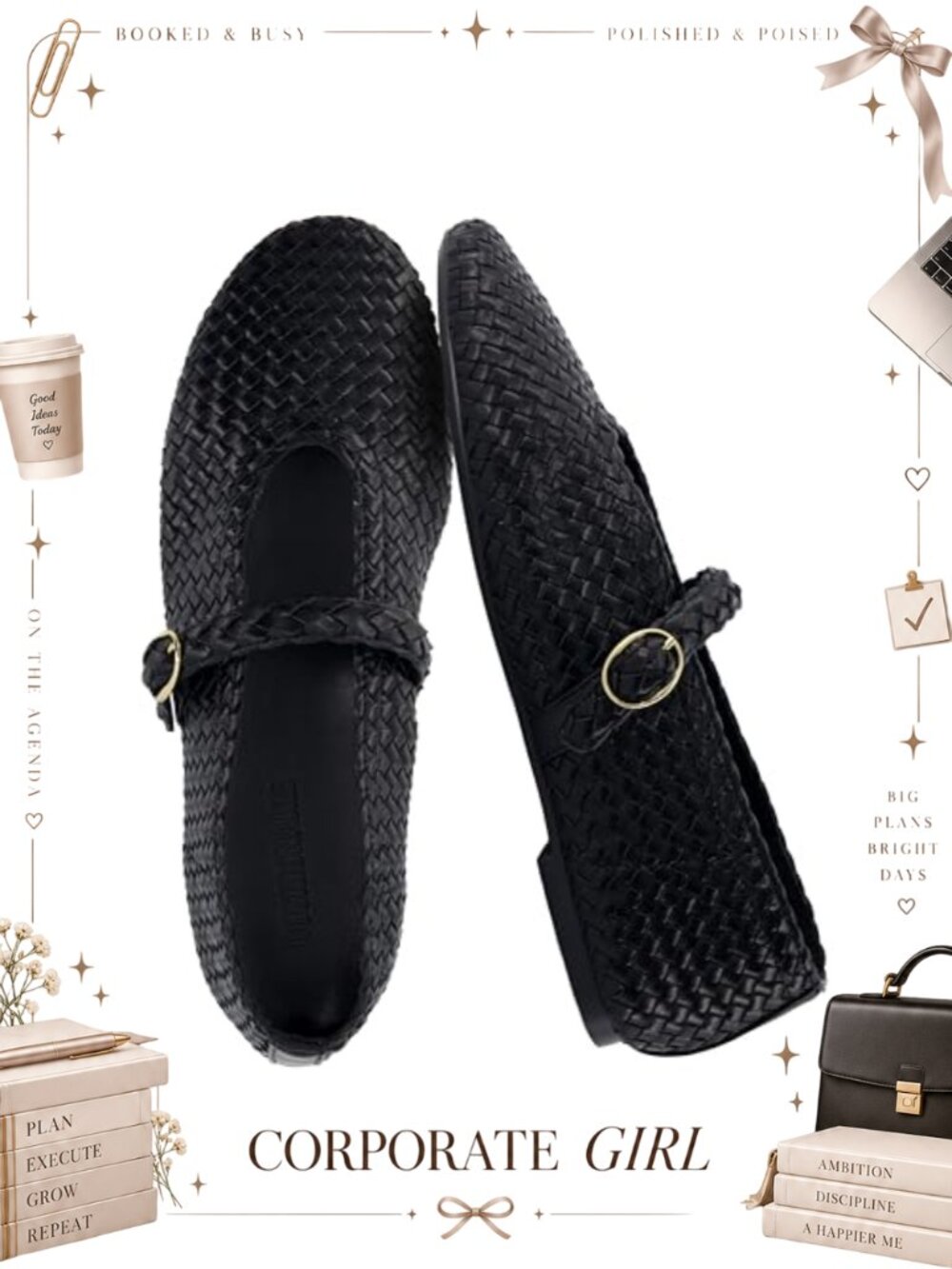 Mary Jane Flats Faux Leather Woven Ballet Shoes Memory Foam Comfort
